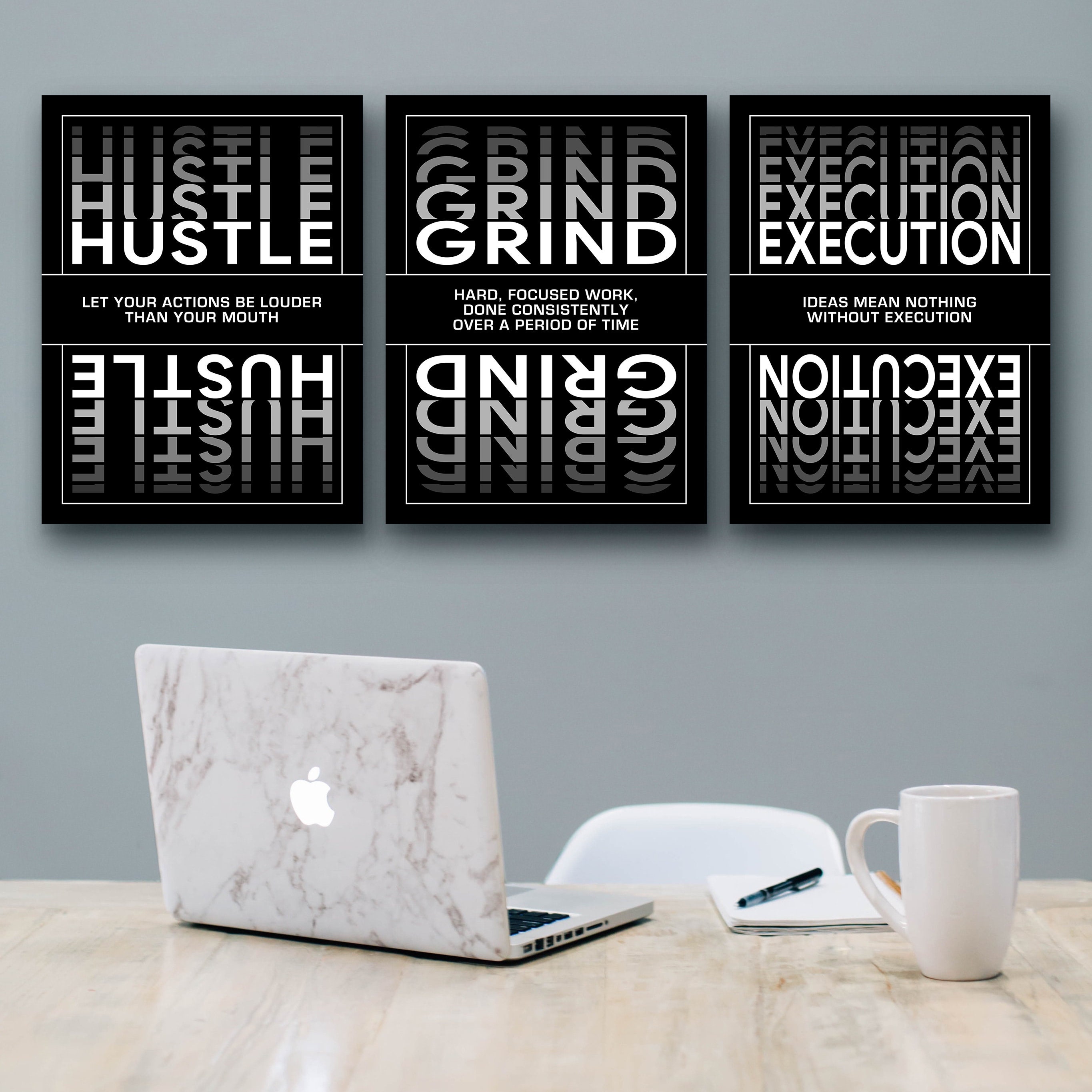 3 Pieces Wall Art Hustle Grind Execution Motivational Bundle Etsy
