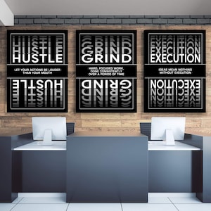 3 Pieces Wall Art Hustle Grind Execution - Motivational Bundle Canvas Prints Office Decor Modern Entrepreneur Minimal Noun Verb Definition