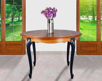 Table à manger ronde relookée en bois et pieds peints