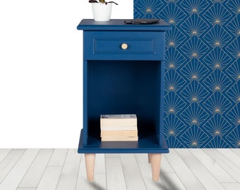 Blue wooden bedside table with drawer
