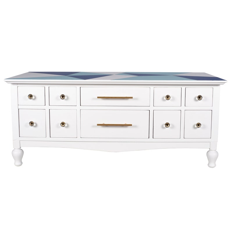 Table basse en bois relookée peinte en blanc et bleu image 2