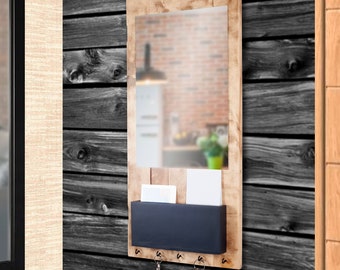 Entrance mirror with mail storage and industrial style key hooks