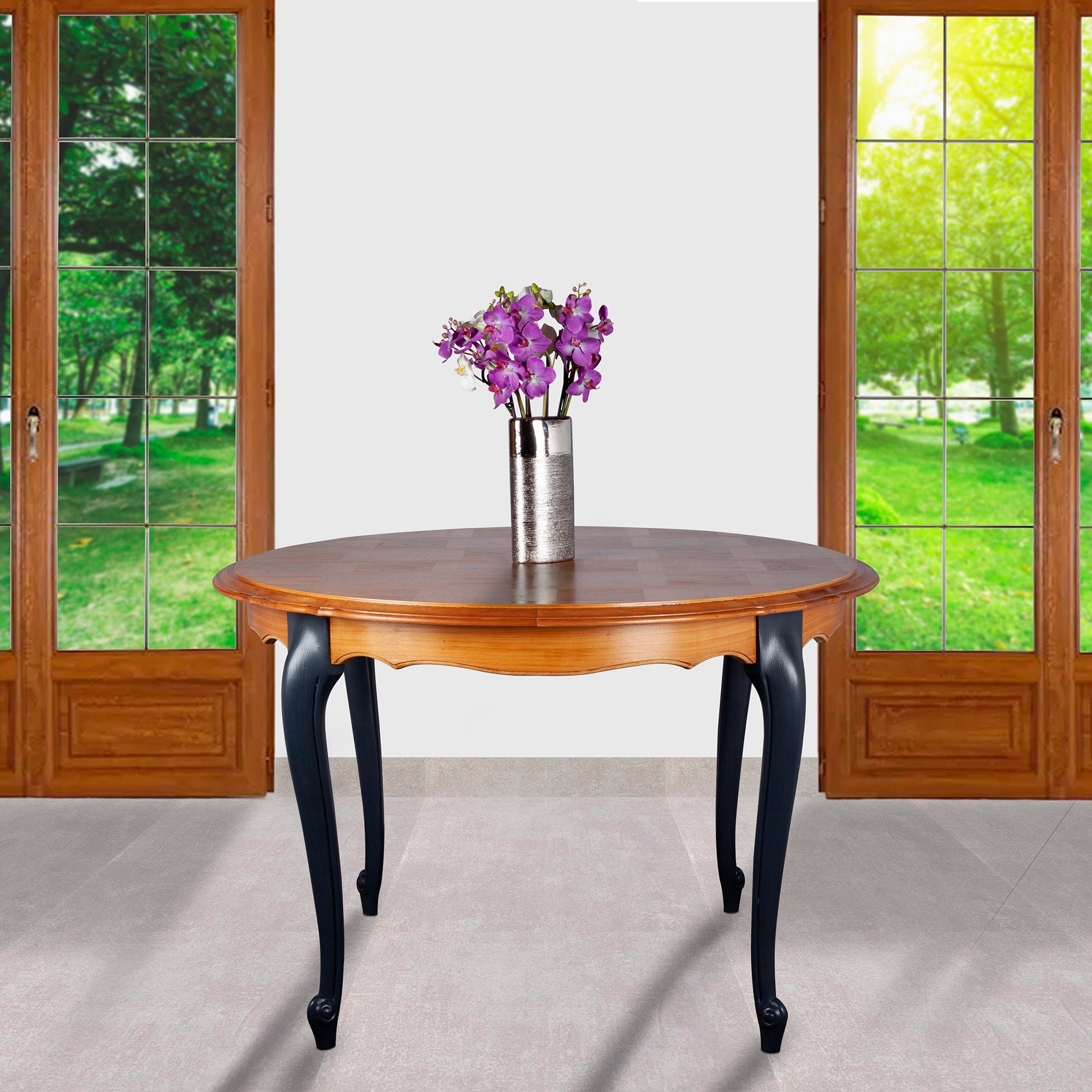 Table à Manger Ronde Relookée en Bois et Pieds Peints