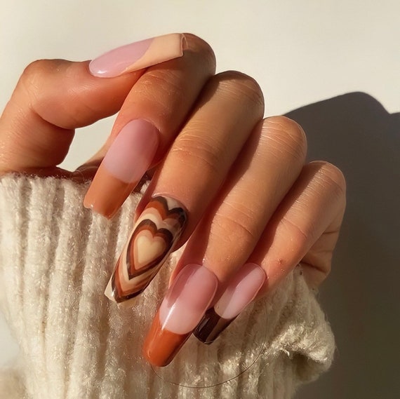 Brown Heart Nails Powerpuff Nails Brown French Tip Manicure Etsy
