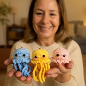 Peut inclure: Trois méduses crochetées à la main, bleues, jaunes et roses. Chaque méduse a des yeux en boutons noirs et de délicats tentacules. Les méduses sont petites, rondes et ont un design fantaisiste.