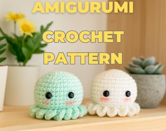 May include: Two crocheted octopus amigurumi, one mint green and one white, sit on a wooden shelf. Each has black eyes and pink cheeks. The text "AMIGURUMI CROCHET PATTERN" is displayed above the octopuses.