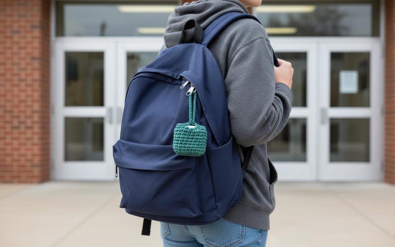 May include: A navy blue backpack with a small, green crocheted pouch attached to the zipper. The backpack has a front pocket and padded shoulder straps. The pouch is a small, square shape with a drawstring closure. The background shows a brick building and glass doors.