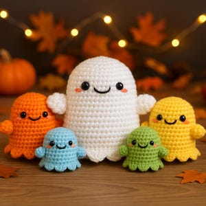 Peut inclure: Cinq figurines de fantômes crochetés de couleurs blanche, orange, bleue, verte et jaune. Chaque fantôme a un visage souriant avec des yeux noirs et des joues roses. Les fantômes sont disposés sur une surface en bois, avec des feuilles d'automne et une citrouille en arrière-plan.