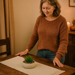May include: A woman wearing a brown sweater and blue jeans stands near a wooden table. A small, green succulent plant in a white pot sits on a beige table runner. The table is made of dark wood.