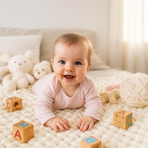 Peut inclure: Un bébé souriant en barboteuse rose est allongé sur une couverture blanche tricotée, entouré de blocs de lettres en bois et de peluches. Les blocs présentent des lettres et des illustrations d'animaux. Une pelote de laine blanche est également visible.
