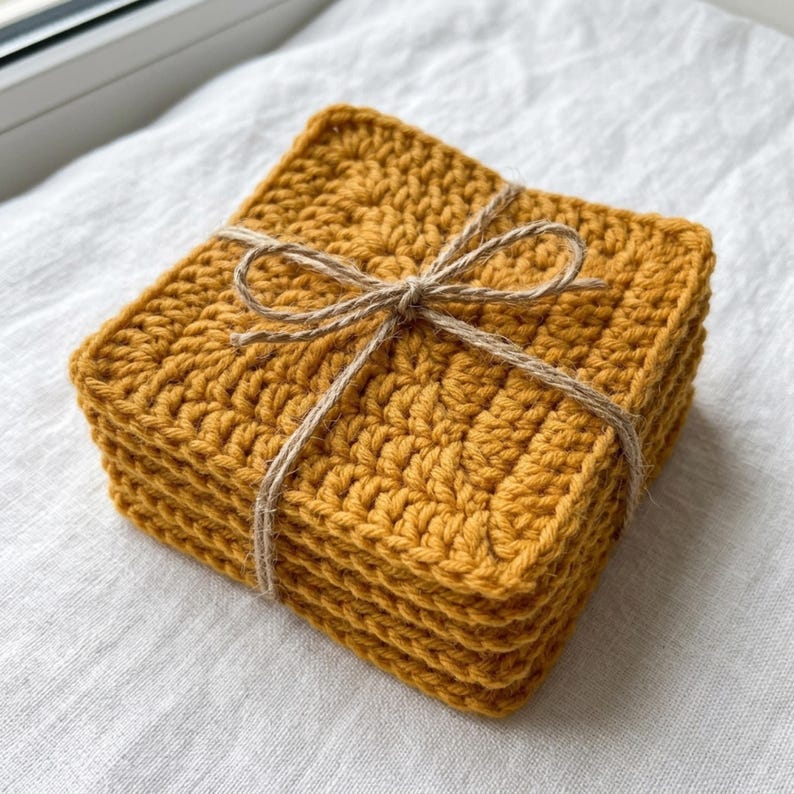 May include: A stack of four square mustard yellow crochet coasters made with a textured yarn stitch. The coasters are bound together with a thin piece of natural brown twine tied in a simple bow across the center of the top coaster.