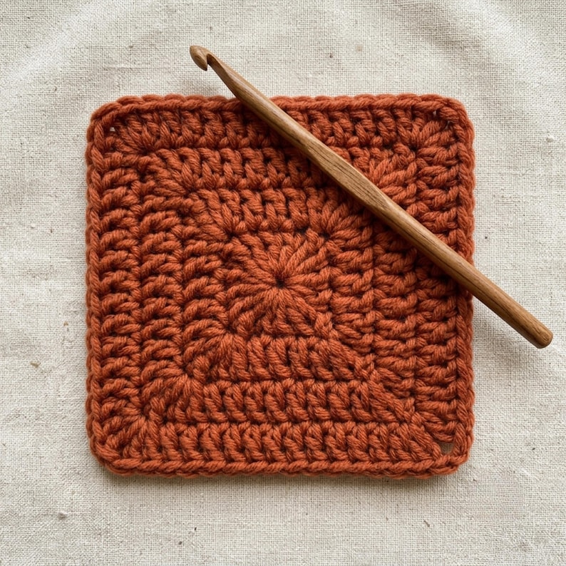 May include: A square, burnt orange crochet motif featuring a dense, textured stitch pattern, positioned diagonally beneath a smooth, light brown wooden crochet hook that extends across the surface of the square piece of yarn work.