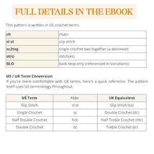 May include: A reference chart titled FULL DETAILS IN THE EBOOK, listing US crochet abbreviations like ch for chain, sl st for slip stitch, sc2tog for single crochet two together, st(s) for stitch(es), and BLO for back loop only, plus a US/UK term conversion table.