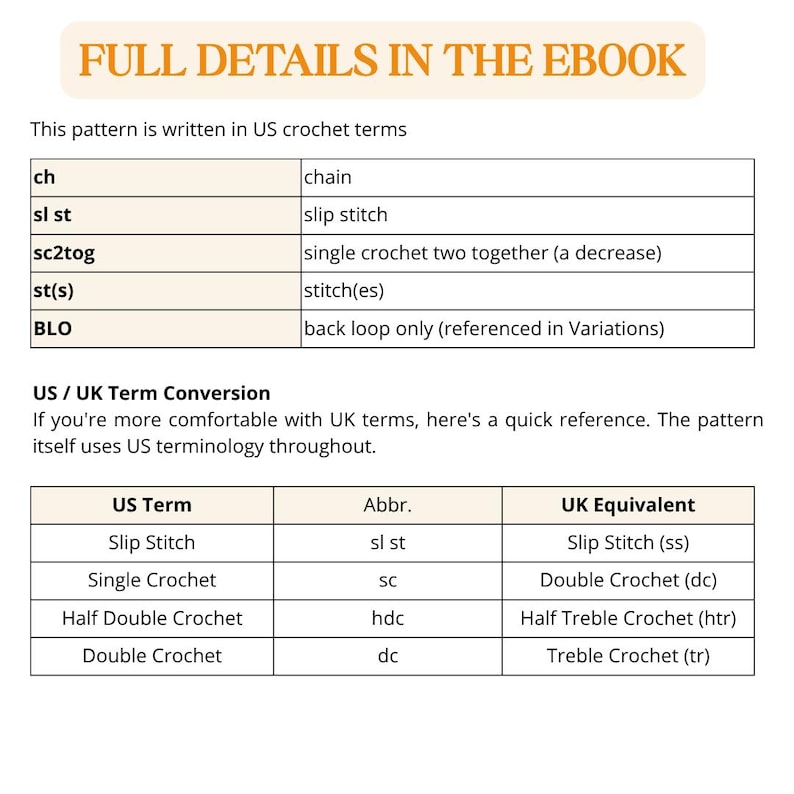 May include: A reference chart titled FULL DETAILS IN THE EBOOK, listing US crochet abbreviations like ch for chain, sl st for slip stitch, sc2tog for single crochet two together, st(s) for stitch(es), and BLO for back loop only, plus a US/UK term conversion table.
