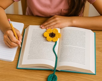 Patrón de marcapáginas de ganchillo en PDF, marcapáginas floral para profesores, margarita de girasol, regalo de agradecimiento para profesores, para principiantes en la vuelta al cole