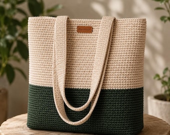 Crochet Tote Bag Pattern, Beginner Two Tone Rope Bag, Beach and Shoulder Bag, Easy Macrame Cord Market Bag, Instant Digital Download