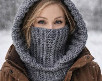 May include: A gray knitted hood and cowl combination. The hood is pulled up, covering the head and neck, with the cowl covering the lower face. The knitted texture is visible, and the color is a muted gray. The person is wearing a brown jacket.