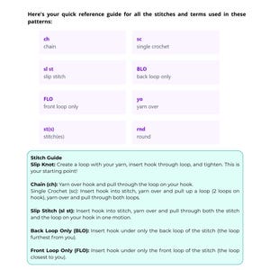 May include: A page from a crochet pattern book titled "ABBREVIATIONS." It features a quick reference guide with crochet terms like "ch" for chain, "sc" for single crochet, and "sl st" for slip stitch. The guide also includes stitch descriptions.