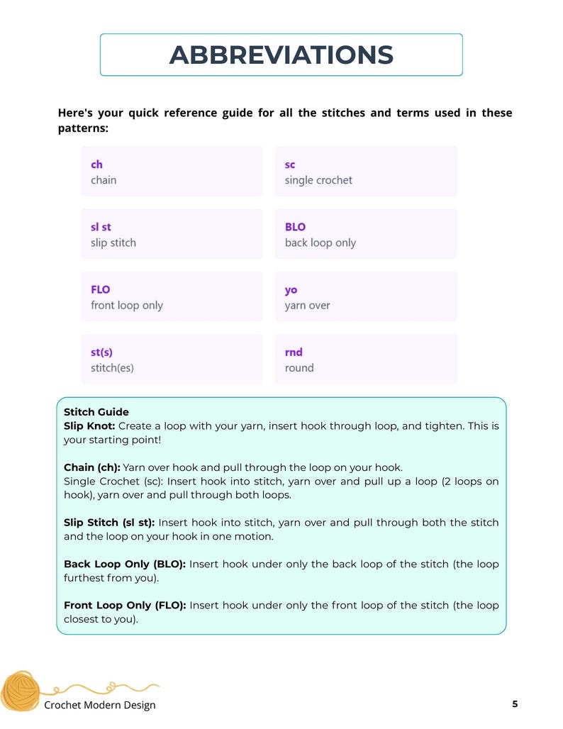 May include: A page from a crochet pattern book titled "ABBREVIATIONS." It features a quick reference guide with crochet terms like "ch" for chain, "sc" for single crochet, and "sl st" for slip stitch. The guide also includes stitch descriptions.