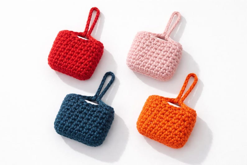 May include: Four small, crocheted cases in red, pink, navy blue, and orange. Each case has a small loop handle at the top. The cases are square-shaped and appear to be handmade, with a textured, knitted appearance.