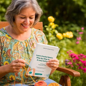 Puede incluir: Una mujer sentada al aire libre, sonriendo mientras teje crochet. Sostiene un libro titulado "Learn Crochet Basics Step-by-Step" y trabaja con hilo naranja. La escena está ambientada en un jardín con flores y vegetación.