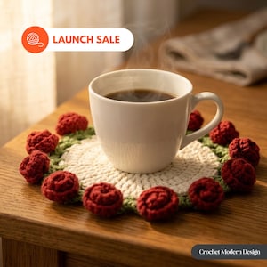 Peut inclure: Une tasse en céramique blanche remplie d'un liquide foncé, probablement du café, est posée sur un dessous de verre fait à la main. Le dessous de verre présente un centre crème, une bordure verte et des roses rouges au crochet. Le texte "LAUNCH SALE" est en haut à gauche.