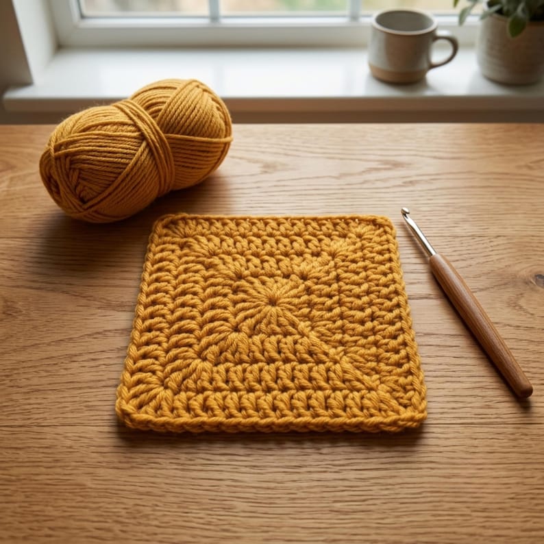May include: A mustard yellow crochet square motif made from yarn, accompanied by a matching ball of yarn and a wooden handled crochet hook. The square features a central star-like pattern with textured stitches, showcasing a consistent golden hue.