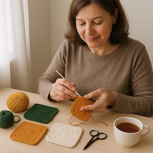 Peut inclure: Une personne crochete un dessous de verre carré avec un crochet en bois. Plusieurs dessous de verre finis dans les tons or, vert et crème sont sur la table, ainsi qu'une pelote de laine et une tasse de thé. Une paire de petits ciseaux est également sur la table.