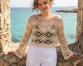 Patrón de suéter de ganchillo | Top de ganchillo con encaje floral en PDF | Jersey de verano de manga larga estilo bohemio | Para principiantes | Descarga instantánea