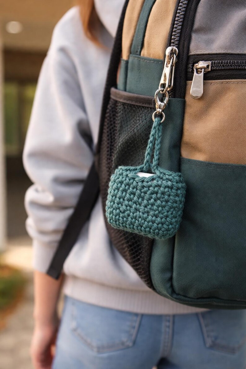 May include: A teal crochet case with a braided handle is attached to a backpack. The case is rectangular and appears to hold a small item. The backpack is green, tan, and black.