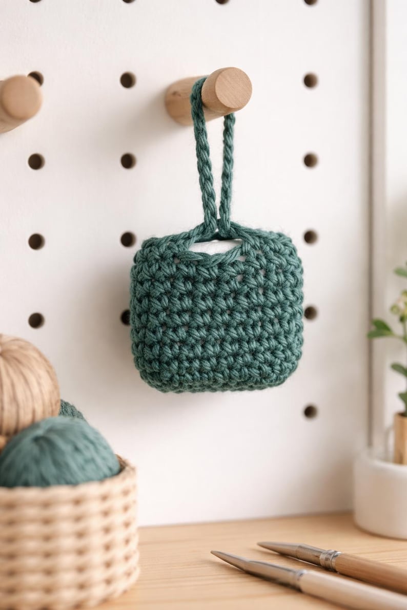 May include: A small, square, teal-colored crochet pouch with a braided handle, hanging from a wooden peg on a white pegboard. The pouch is made with a tight stitch, and the texture is visible. Other craft supplies are in the background.
