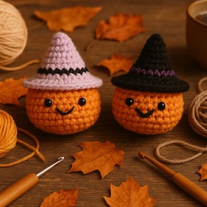 Peut inclure: Deux citrouilles orange crochetées portant des chapeaux de sorcière. L'un est lavande avec un bord noir, l'autre est noir avec un bord violet. Les citrouilles ont des yeux noirs et des bouches souriantes. Des feuilles d'automne et du matériel de crochet entourent les citrouilles.