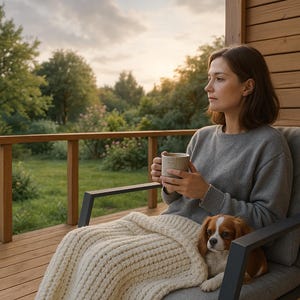 May include: A person sitting on a gray chair on a wooden deck, holding a beige mug. A small dog with brown and white fur is resting on the person's lap, covered by a cream-colored knitted blanket. The background features a green yard and trees.