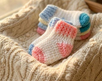 Patrón de calcetines de bebé fáciles de tejer a crochet, 5 tallas, ideal para principiantes, desde recién nacidos hasta 18 meses. Descarga instantánea en PDF.
