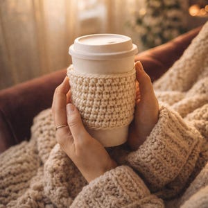 Peut inclure: Une tasse à café en papier blanche avec un couvercle, tenue dans les mains, est enveloppée dans une housse en crochet de couleur crème. La housse est faite de fil épais. La personne porte un pull crème. L'arrière-plan est flou.
