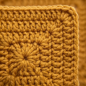 May include: A mustard yellow crochet square featuring a dense, uniform stitch pattern. The textile displays a clear, repeating geometric texture with a defined corner edge, showcasing the intricate loops and construction of the yarn work.
