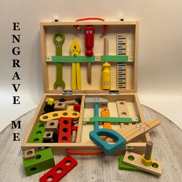 Personalized Wooden Toolbox-Toolkit-Hammer, Screwdriver, Nails, Screws, Nuts, and Bolts-Construction Pretend Play