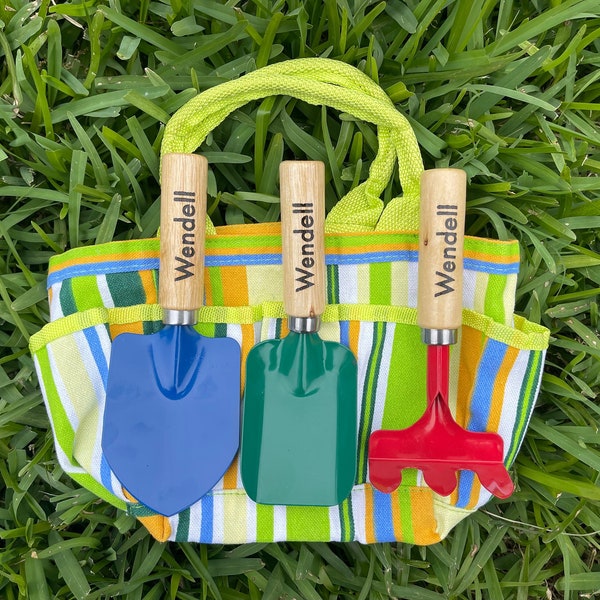 Personalized 4 Piece 8" Kids Gardening Tools- Trowel, Rake, Shovel, Carry Bag for Kids-Engraved Sand Tools-Beach Tools