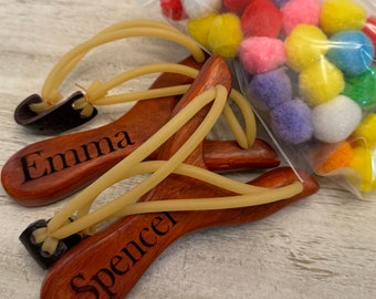 2 Personalized Wooden Slingshots - Custom engraved Toy with Soft Felt Ball Ammo - Safe Kids Toy