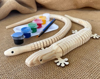 Kit di pittura per creare lucertole o serpenti in legno mobili - Lavoretto fai da te per il compleanno