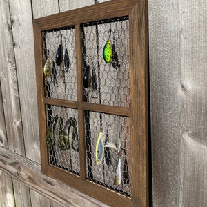 Personalized Rustic Fishing Lure Display: Engraved Wooden Frame