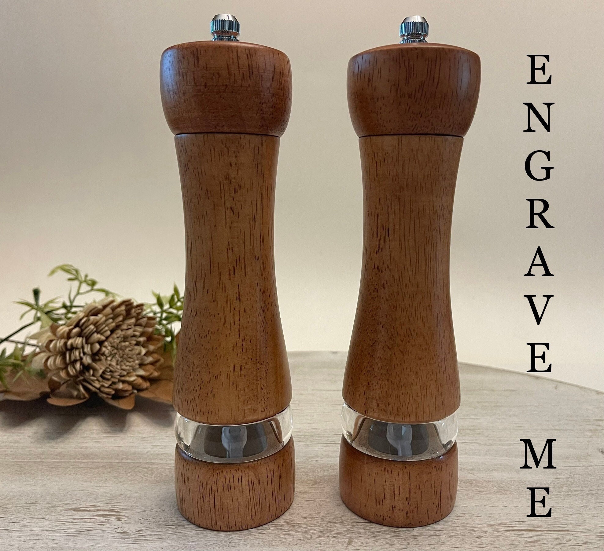 Salt and Pepper Grinder Set with Wooden Standing Tray, Refillable
