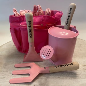 Personalized Pink Kids Gardening Tool Set-Shovel, Fork, Rake, Gloves, Watering Can-Engraved Beach Tools-Sand Tools