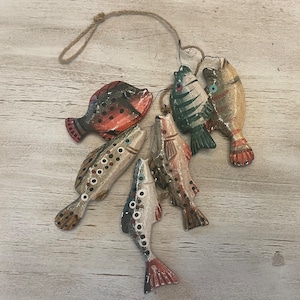 6 Wooden Fish on a String-Wall Decor-Fishing Theme Deco, Coastal Decor, Lake House Decor, Beach House Decor, Colorful Fish Set, Painted Fish