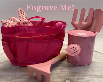 Personalized Pink Kids Gardening Tool Set-Shovel, Fork, Rake, Gloves, Watering Can-Engraved Beach Tools-Sand Tools