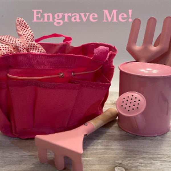 Personalized Pink Kids Gardening Tool Set-Shovel, Fork, Rake, Gloves, Watering Can-Engraved Beach Tools-Sand Tools