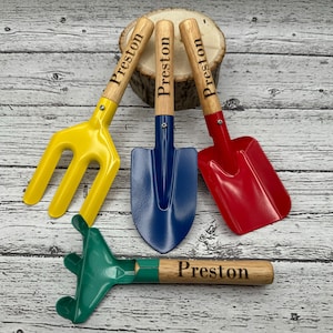 Personalized Kids Gardening Tool Set: 4 Piece Engraved Metal & Wood