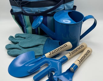 Personalized Blue Kids Gardening Tool Set-Shovel, Fork, Rake, Gloves, Watering Can-Engraved Beach Tools-Sand Tools