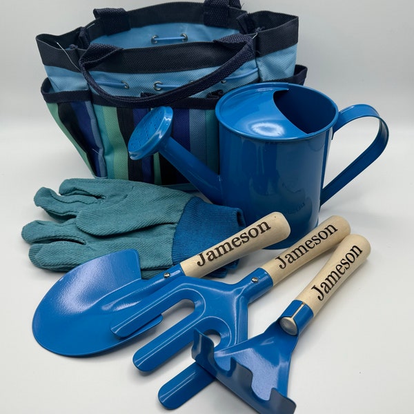 Personalized Blue Kids Gardening Tool Set-Shovel, Fork, Rake, Gloves, Watering Can-Engraved Beach Tools-Sand Tools