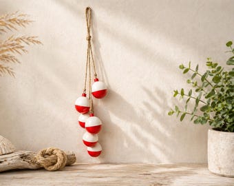 Red & White Wood Floats – Nautical Wall Hanging, Coastal Beach House Décor